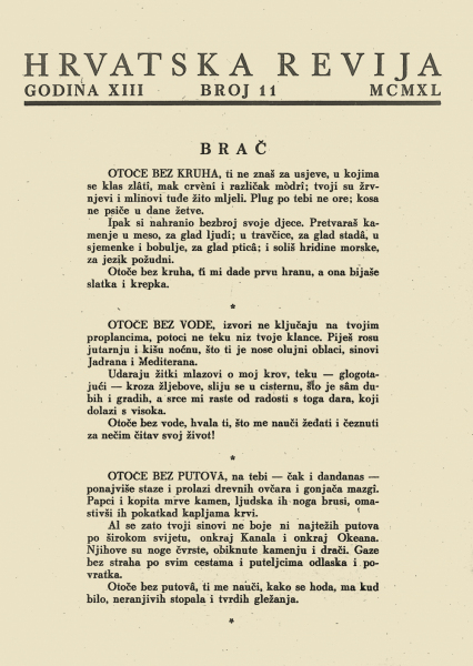 Vladimir Nazor, Brač, Hrvatska revija 13, 11(1940).